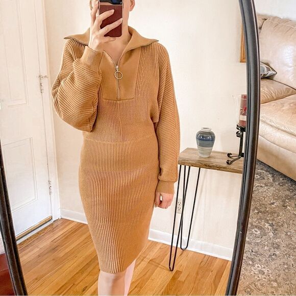Staud Kirby Ribbed Sweater Dress Midi Camel - Picture 9 of 9